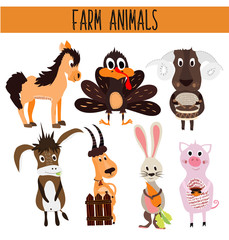 Set of Cute cartoon Animals and birds of the farm on a white background. Donkey, sheep, horse, pig, poultry, Turkey, goat, rabbit with carrot . Vector