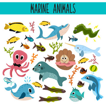 Cartoon Set of Cute sea Animals and living underwater in the waters of the seas and oceans .Shark, fish, piranha, octopus, mallusk,manatee, whale, Dolphin, narwhal,  corals and algae . Vector