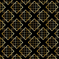 Abstract geometric pattern, gold lines of the cage on black background and gold frame. Vector file. Vintage, Retro