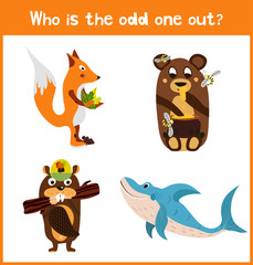 Children colorful educational cartoon game puzzle page for children's books and magazines on the theme extra find sea animal among wild animals. Vector