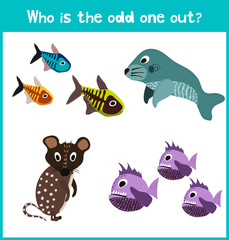 Fototapeta premium Children colorful educational cartoon game puzzle page for children's books and magazines on the theme of extra animal get among the fish. Vector