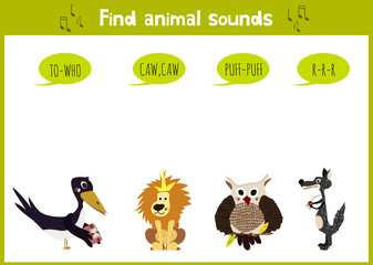 Colorful children cartoon game education puzzle for children on the theme of the study of the sounds of the wild animals of the forest. Vector