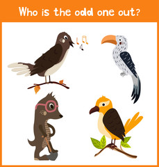 Children colorful educational cartoon game puzzle page for children's books and magazines on the theme get extra animal among wild birds. Vector