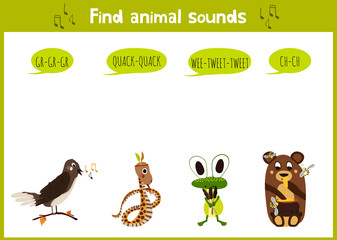 Colorful children cartoon game education puzzle for children on the theme of the study of the sounds of cute wild animals in the forest. Vector