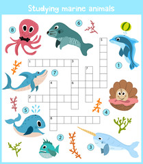 A colorful children's cartoon crossword, education game for children on the theme of sea animals and fishes living in the seas and oceans around the globe. Vector - 103282486