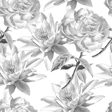 Monochrome seamless pattern with watercolor flowers. Rose and lily.