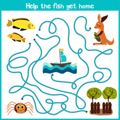 Cartoon of Education will continue the logical way home of colourful animals. Help the little yellow fish swim home into the ocean. Matching Game for Preschool Children. Vector