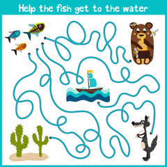 Fototapeta premium Cartoon of Education will continue the logical way home of colourful animals. Help the little fish to swim home in the sea. Matching Game for Preschool Children. Vector