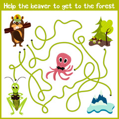 Cartoon of Education will continue the logical way home of colourful animals. Help the beaver to get home in the wild forest. Matching Game for Preschool Children. Vector
