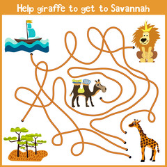 Cartoon of Education will continue the logical way home of colourful animals.Help giraffe to get home to the territory of the Savannah. Matching Game for Preschool Children. Vector