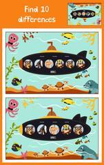 Cartoon of Education to find 10 differences in children's pictures submarine floats with animals among marine fishes and inhabitants of the ocean . Matching Game for Preschool Children. Vector - 103282802