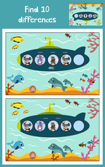 Cartoon Vector Illustration of Education to find 10 differences in children's pictures, the submarine floats in the ocean with animals . Matching Game for Preschool Children. Vector