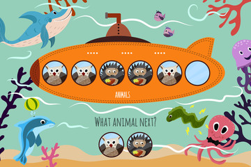 Cartoon Vector Illustration of Education will continue the logical series of colourful forest animals on a beautiful orange submarine. Matching Game for Preschool Children. Vector - 103282839