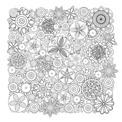Vector monochrome floral pattern. Imitation of hand drawn flower doodle texture, decorative coloring book for grown up and adult. Endless drawing for stress relief. Zentangle.