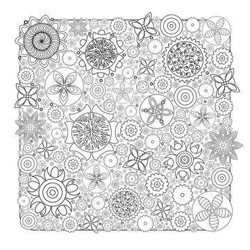Monochrome floral pattern. Imitation of hand drawn flower doodle texture, decorative coloring book for grown up and adult. Endless drawing for stress relief. Zentangle.