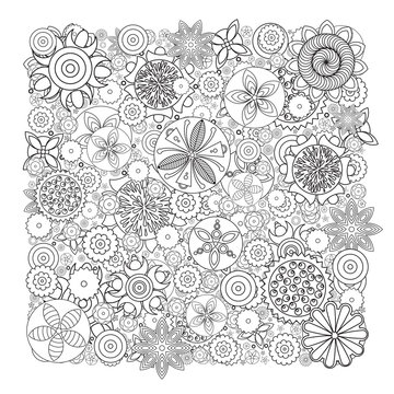 Vector monochrome floral pattern. Imitation of hand drawn flower doodle texture, decorative coloring book for grown up and adult. Endless drawing for stress relief. Zentangle.