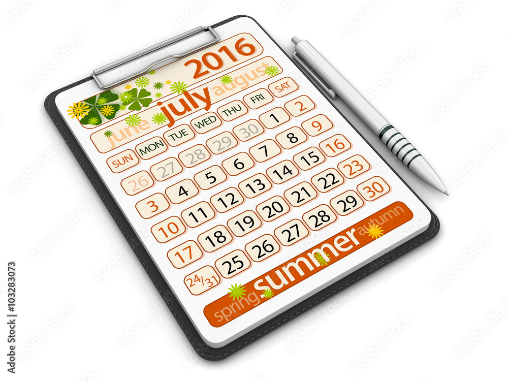 Poster clipboard with july. image with clipping path