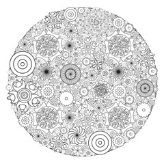 Circle floral ornament. Hand drawn art mandala. Imitation of ink pen. Zentangle patters. Coloring book for grown up and adult. Flower drawing for stress relief, relaxation, meditation and creativity. 