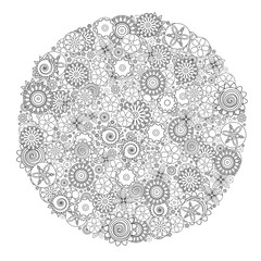Circle floral ornament. Hand drawn art mandala. Imitation of ink pen. Zentangle patters. Coloring book for grown up and adult. Flower drawing for stress relief, relaxation, meditation and creativity. 