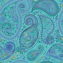 Paisley vintage floral motif ethnic seamless background. Printable color lace pattern. Ability to edit the colors, without losing seamlessly. Hand drawing colorful wallpaper. EPS-8 vector texture.