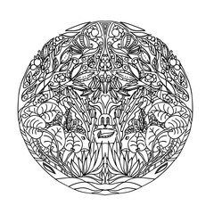 Black and white circle ornament wild forest, ornamental round lace design. Floral mandala. Hand drawn pattern made by ink trace from a personal sketch. Vector