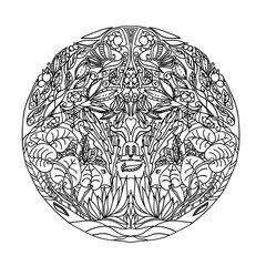 Black and white circle ornament wild forest, ornamental round lace design. Floral mandala. Hand drawn pattern made by ink trace from a personal sketch. Vector