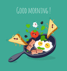 Breakfast poster. Fried eggs with bacon on a blue pan. Vector Illustration