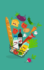 Supermarket shopping basket with fresh and natural  funny food and drink. Vector illustration.
