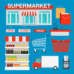 Supermarket Building and Interior with Products, Shopping Basket
