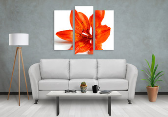 Flower on wall art canvas in three parts. Sofa, lamp, plant and table in room interior.