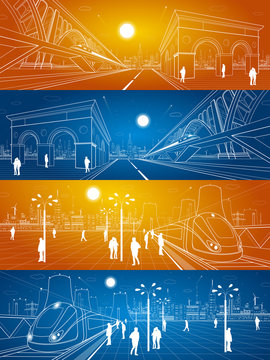 Railway station, people waiting for the train, industrial and transport illustration, energy plant, train rides on the bridge, night city, people walk on the square, auto road, vector design art