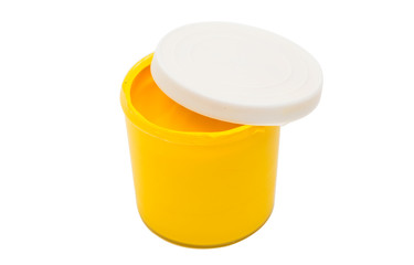 Watercolor paint in buckets isolated on white background. Art pa