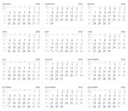 Calendar of the year two thousand sixteen. 2016 year calendar.