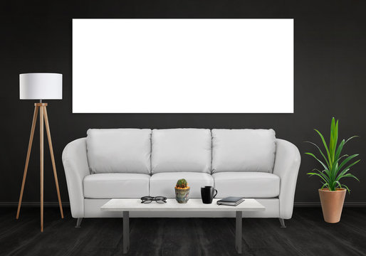 Isolated one wide wall art canvas. Sofa, lamp, plant and table in room interior.