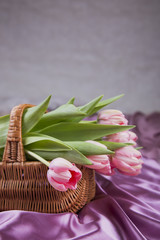 Wicker basket with bouquet of pink tulips