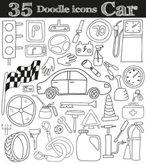 Car and drive. Set of 35 doodle icon