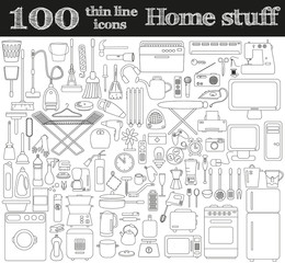 Home stuff icons. Set of 100 objects in thin line style.