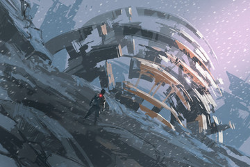 Naklejka premium man standing on the hill watching the abstract architecture,illustration painting