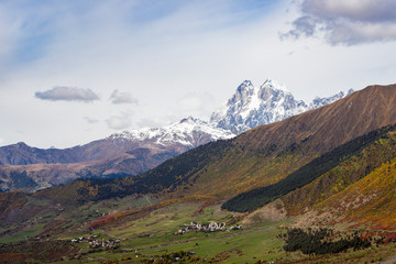 Fototapeta premium Autumn in the Caucasus mountains. Mount Ushba. Svaneti, Georgia