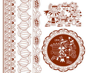 sketch drawing aztec pattern cacao tree, mayans, cacao beans