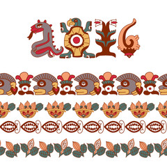 aztec cacao bean, leaves, nibs, pattern with monkey