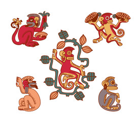 vector illustration aztec cacao bean, leaves, nibs, pattern with monkey