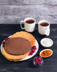 platter with chocolate pancakes