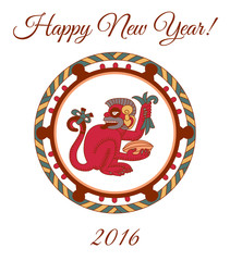 vector illustration aztec cacao bean, leaves, nibs, pattern with monkey