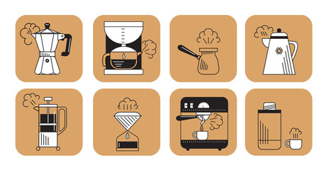 vector illustration set of linear coffee icons, with descriptions to different methods