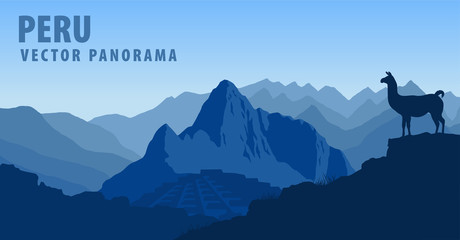 vector panorama of Peru, Machu Picchu with Llama - obrazy, fototapety, plakaty