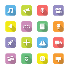colorful web icon set 5 on rounded rectangle with long shadow for web design, user interface (UI), infographic and mobile application (apps)