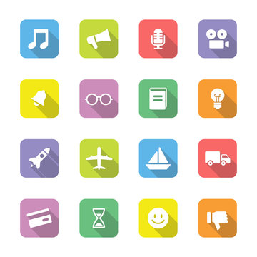 colorful web icon set 5 on rounded rectangle with long shadow for web design, user interface (UI), infographic and mobile application (apps)