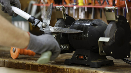 Sharpening Garden Shears on a grinder