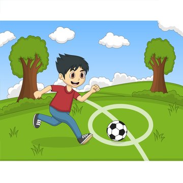 Kids playing soccer in the park cartoon